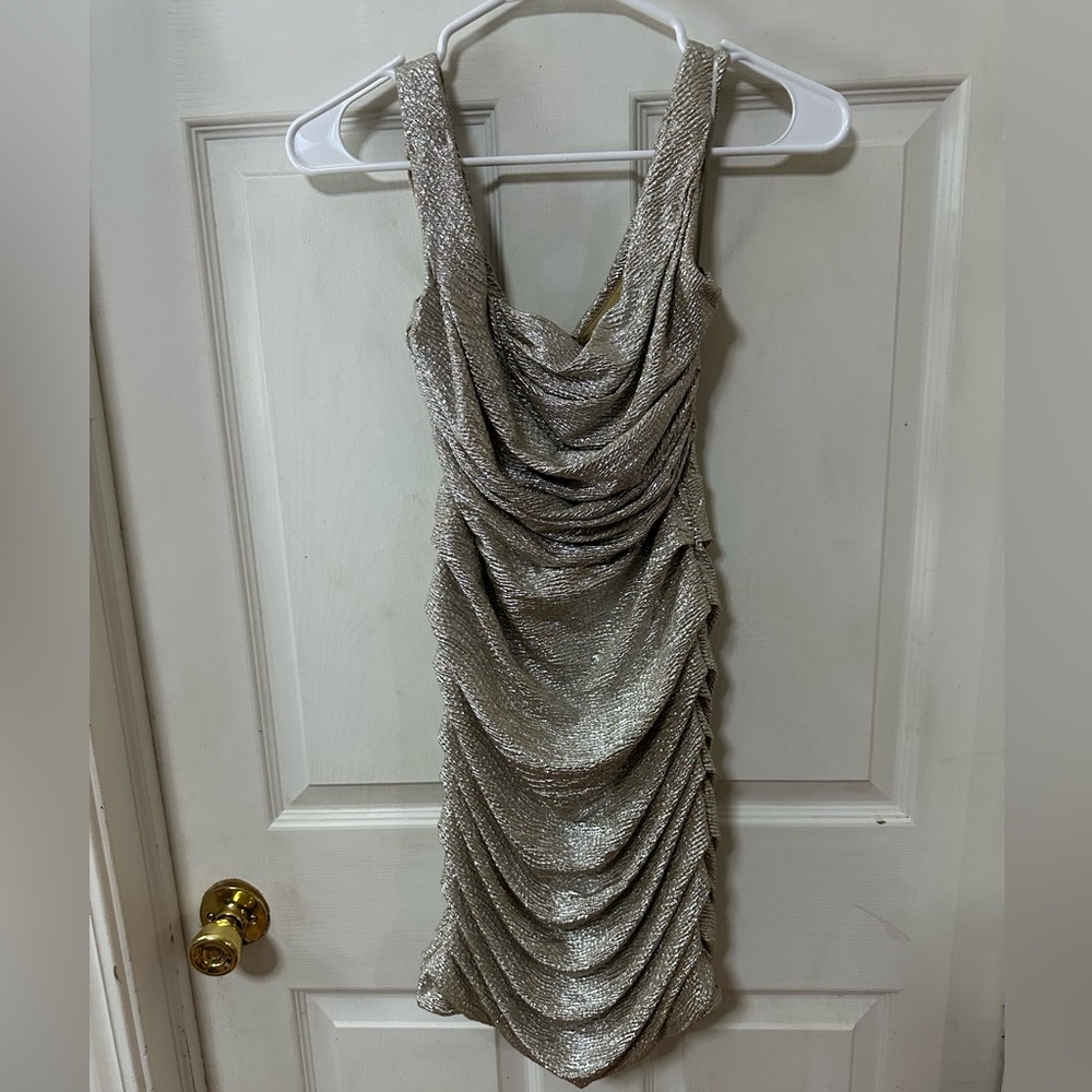Express Gold Bodycon Mini Dress with Ruching and Cowl Neck for Cocktail